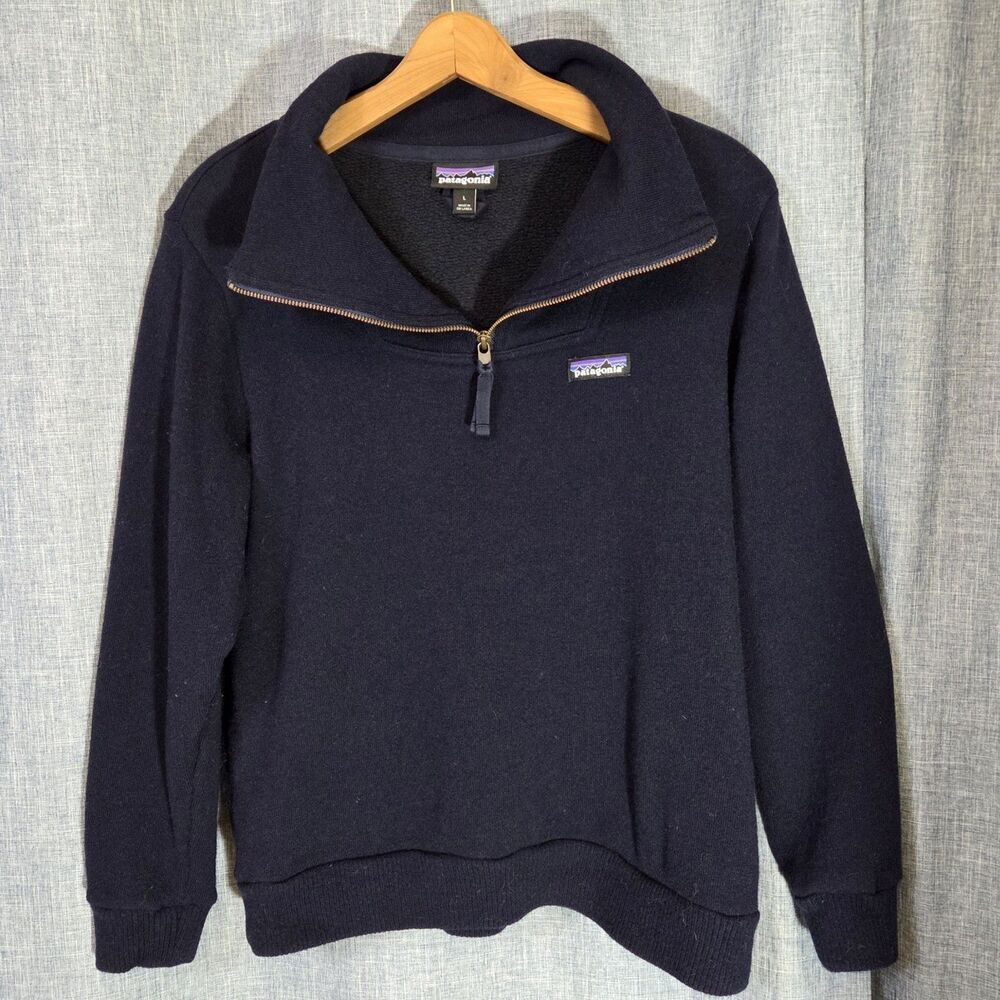 Patagonia Woolie Sweater Pullover 1/4 Zip Women's L Wool Blend Navy Retail $159